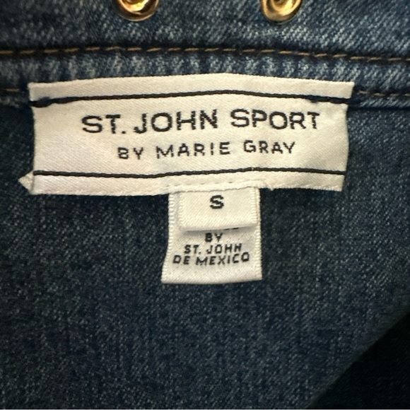 Vintage St John Sport Small Denim Rhinestones Bead Gold Monogram Buttons Jacket - Picture 14 of 16